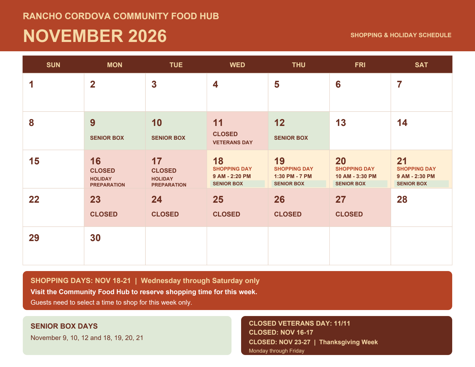 Rancho Cordova Community Food Hub November 2026 shopping and holiday schedule calendar